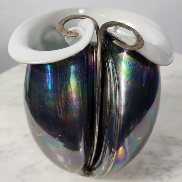 STUNNING VINTAGE IRIDESCENT STERLING SILVER FOLD OVER POTTERY CERAMIC VASE DISH - Picture 2 of 16
